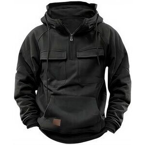 Black Tactical Hoodie for Men Quarter Zip Cargo Pullover Outdoor Sweatshirt